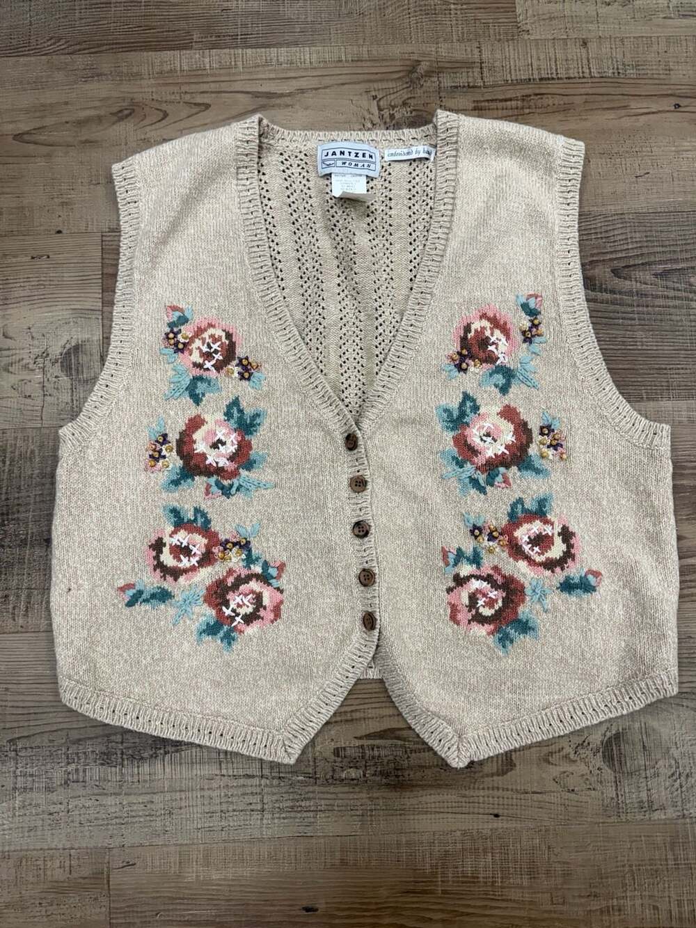 Jantzen Vintage Knit Floral Embroidered Sweater Vest Cottagecore granny Y2K VTG